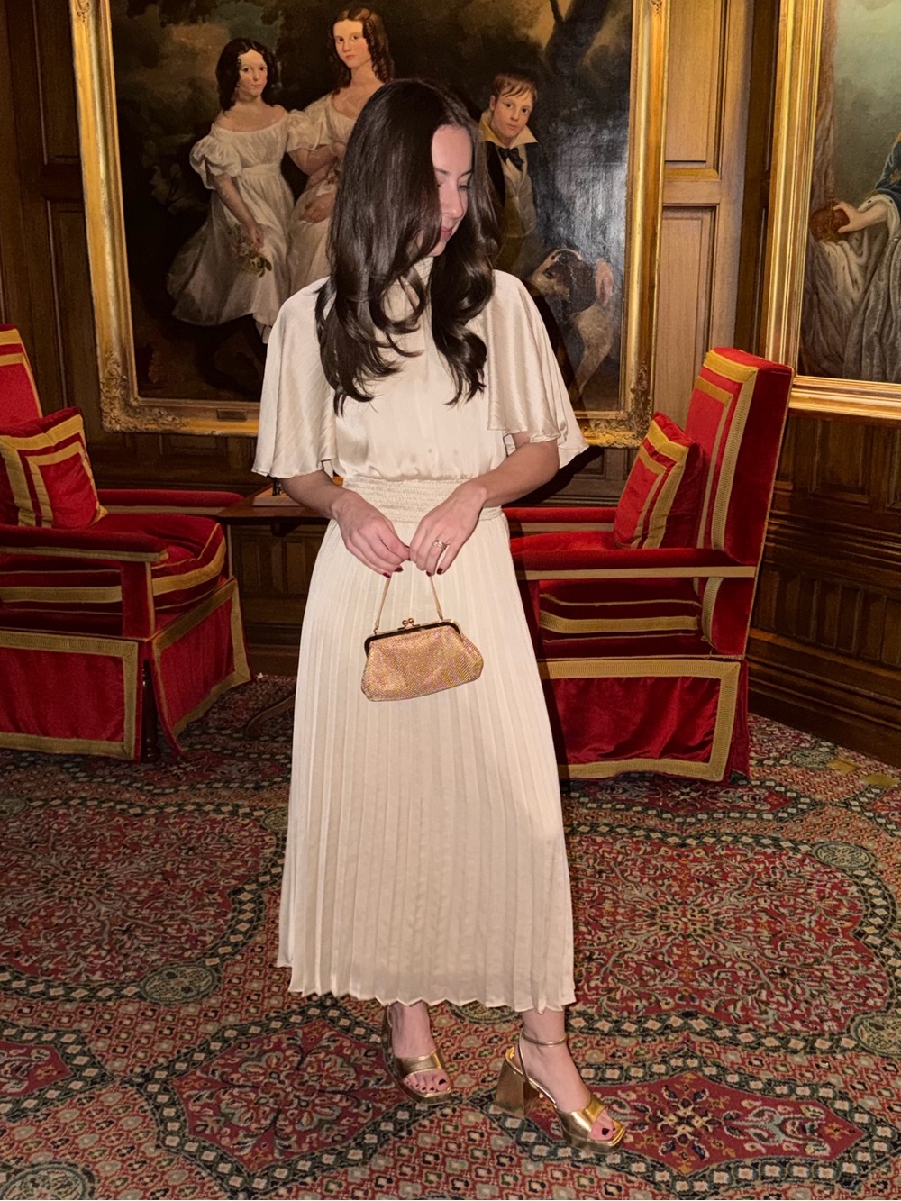 julia jordan Champagne Pleated Midi Dress with Flutter Sleeves